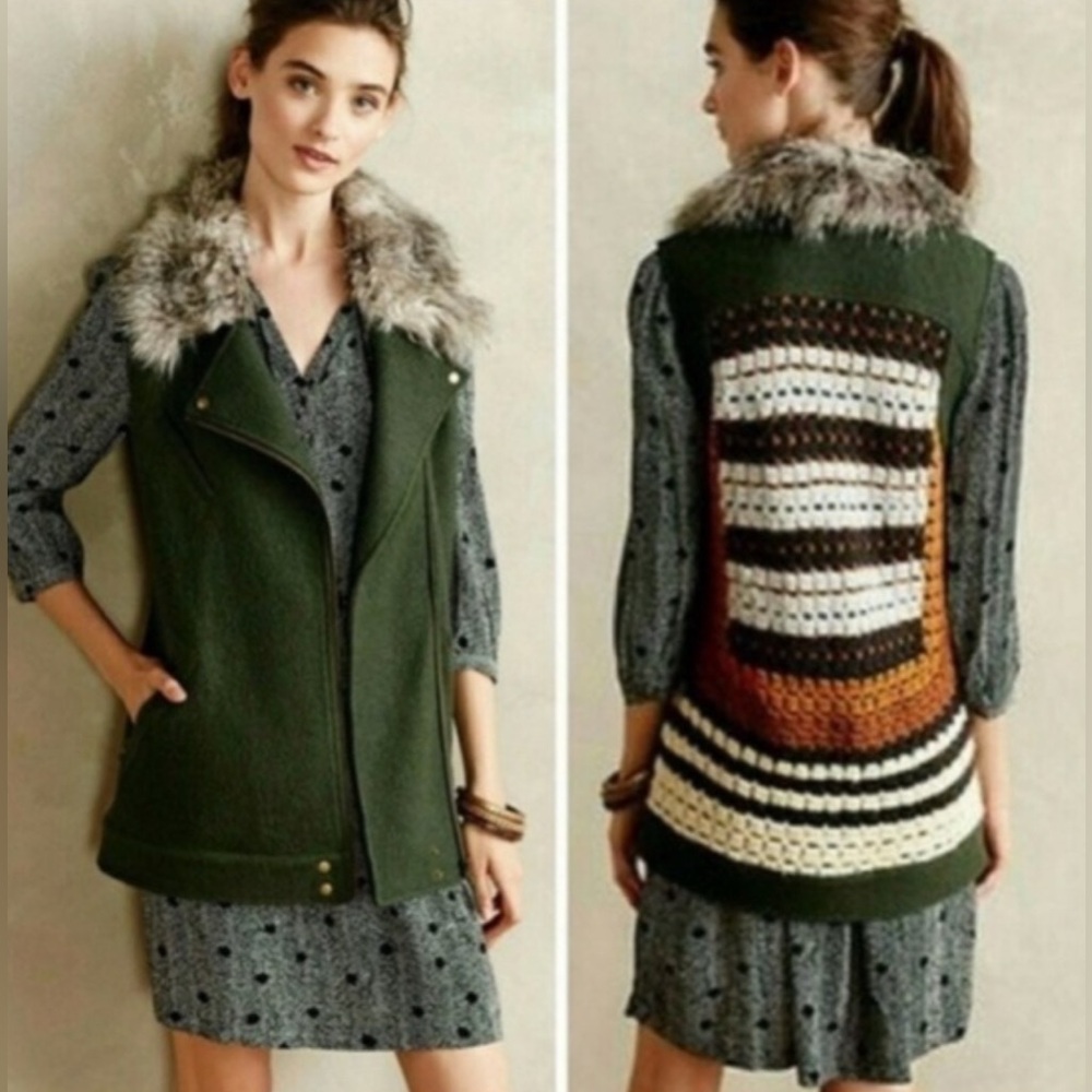 Anthropologie Elevenses Forest Green Vest, Faux Fur Trim, Crochet Back S M L